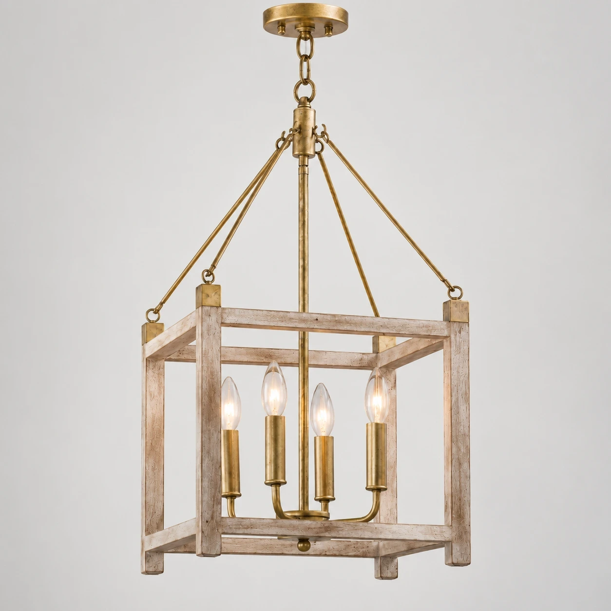 Milo American Rustic Four-Light Iron and Wood Chandelier switched on in a neutral studio