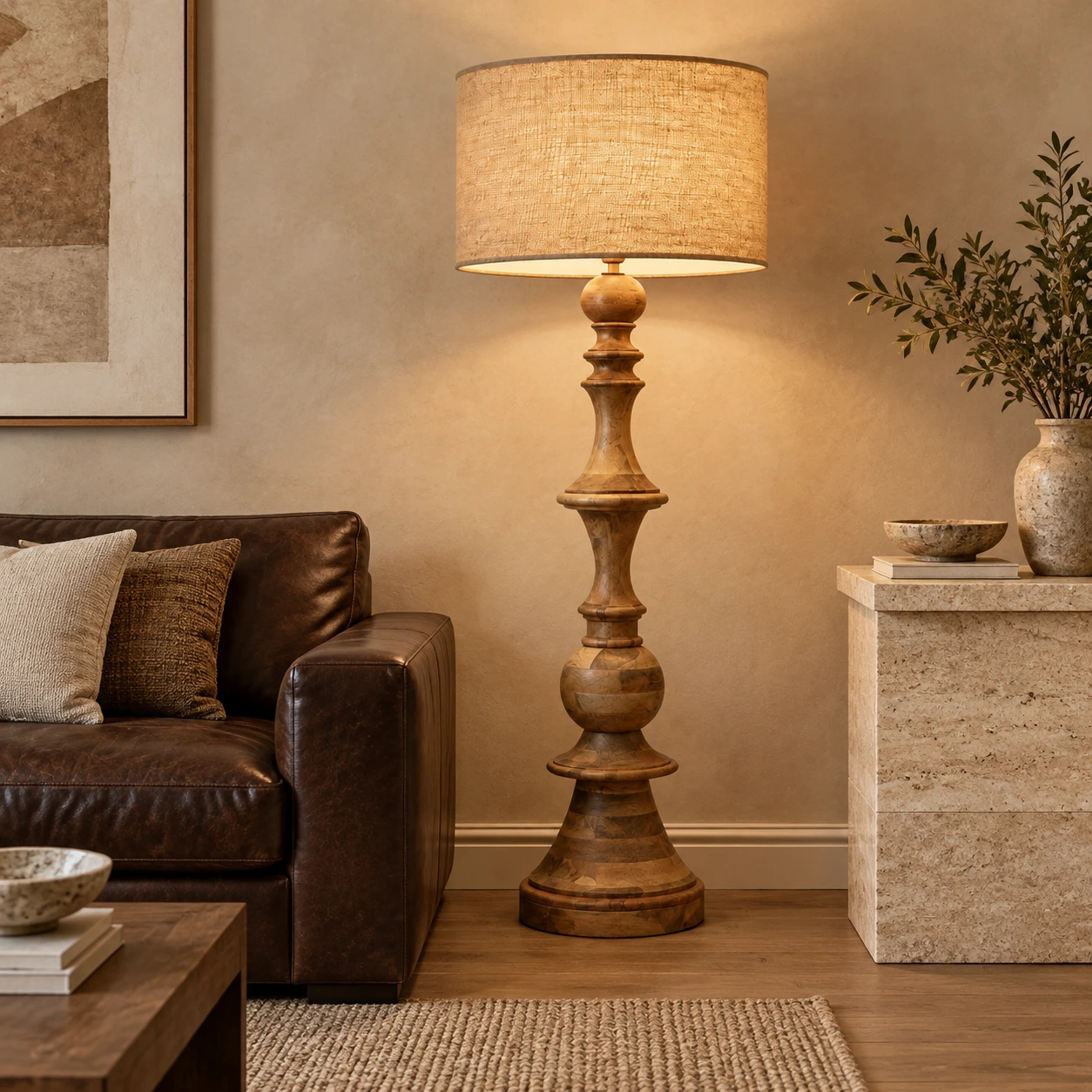 Mara American Rustic Sculpted Wood Floor Lamp — 02 scene living
