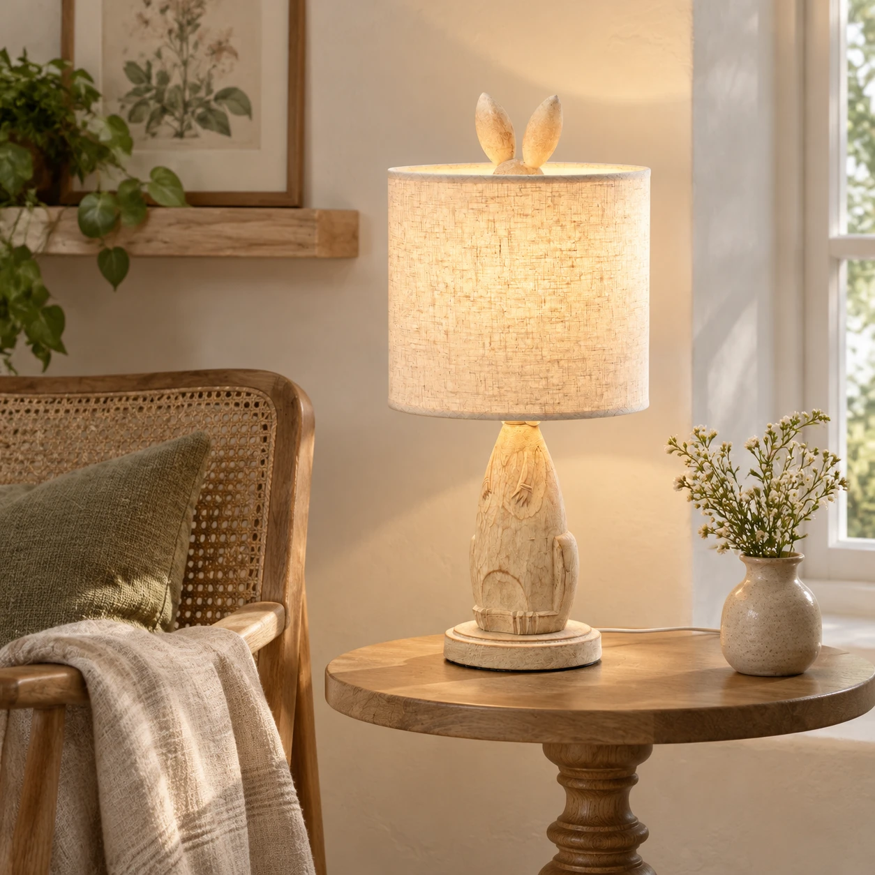 Carved rabbit table lamp beside a cane chair in a reading nook