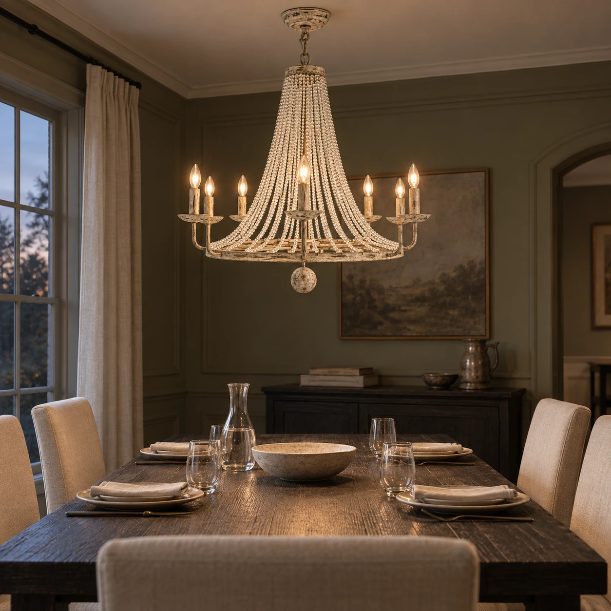 8-light French country crystal bead chandelier in a dining room at dusk