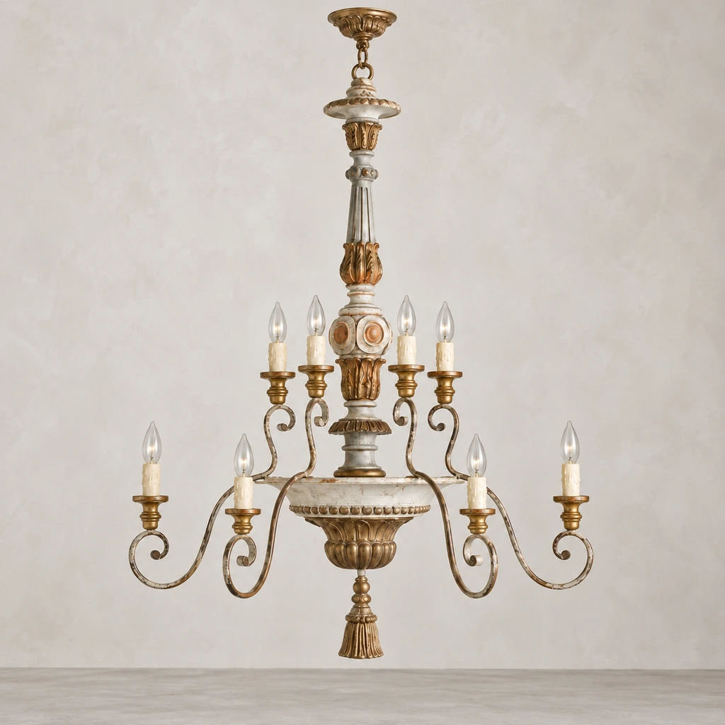 Aveline carved wood and iron chandelier switched off in studio