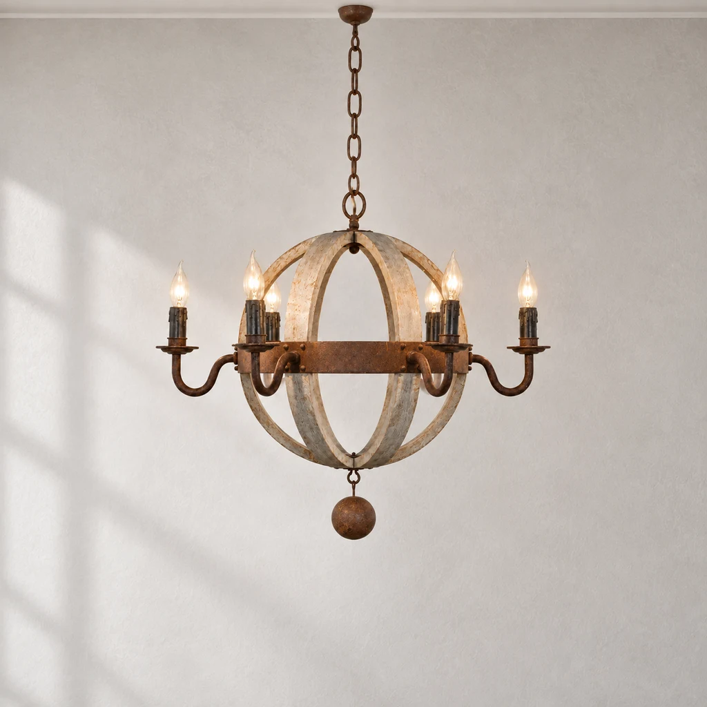 Elowen six-light rustic orb wood chandelier switched on against a pale mineral wall