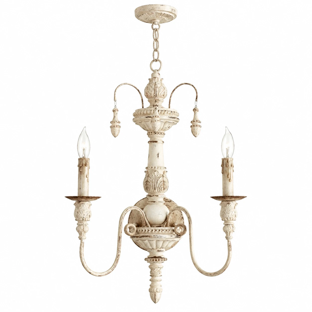 Maribel Rustic Carved Wood-Look Chandelier — 2-Light Vintage White SKU identity