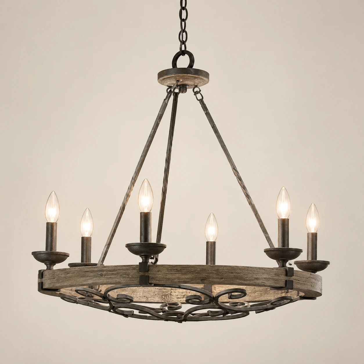 Clara Rustic Wagon-Wheel Wood and Iron Chandelier, identity 6