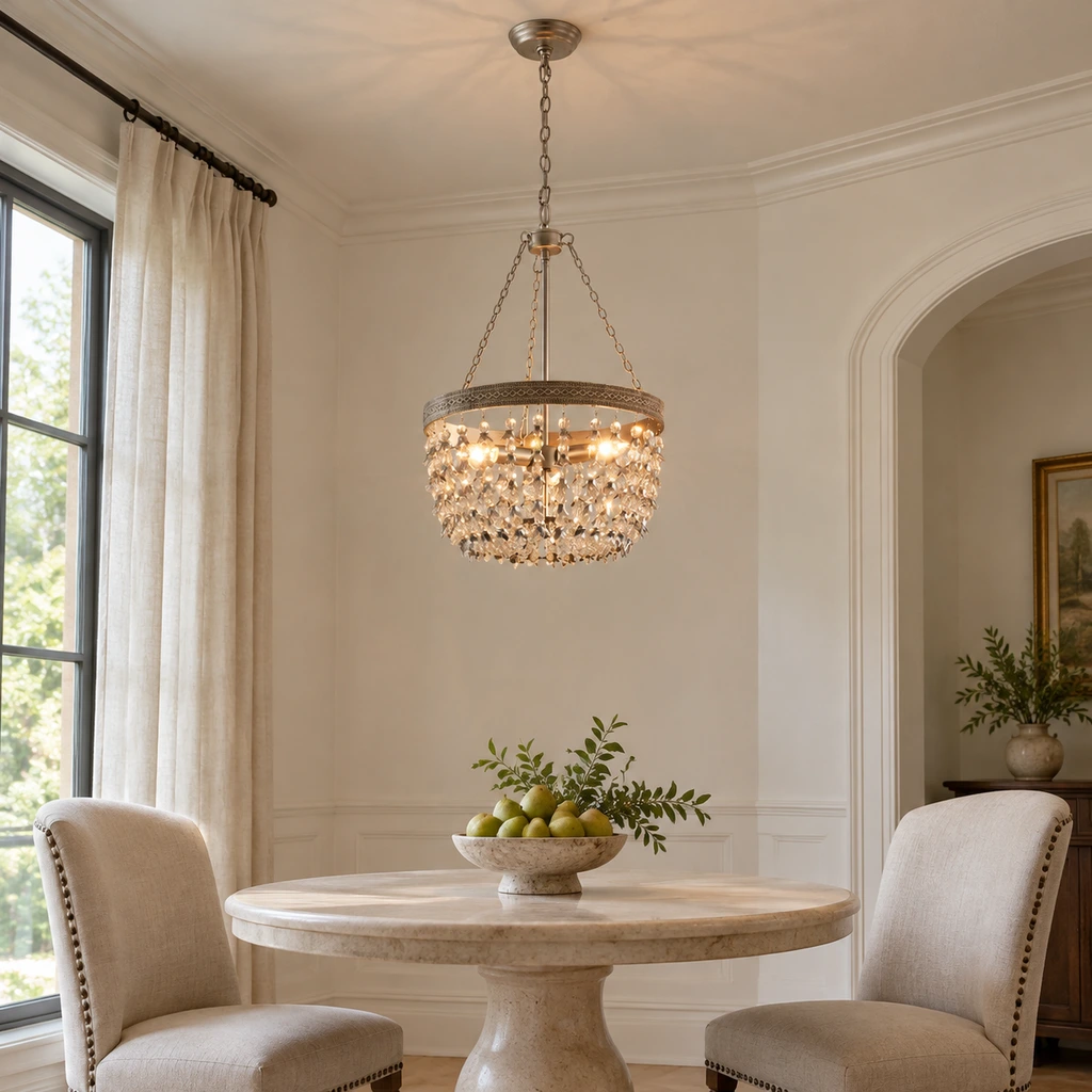 Silver crystal branch chandelier above a dining table