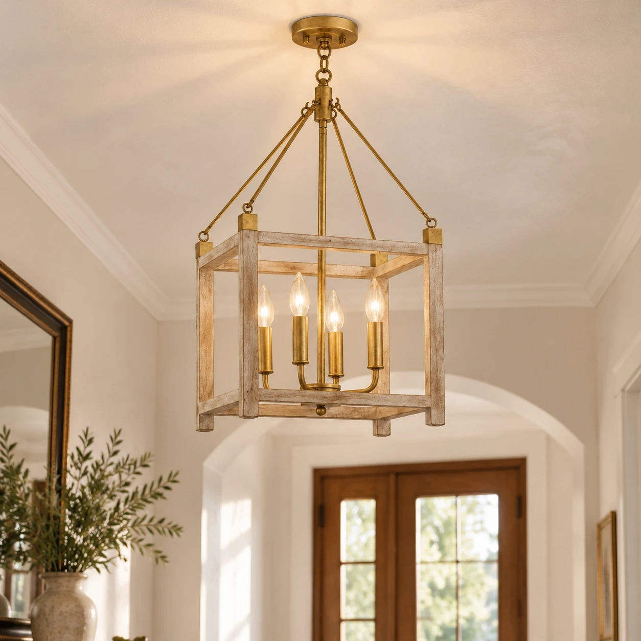 Milo American Rustic Four-Light Iron and Wood Chandelier in a bright entryway