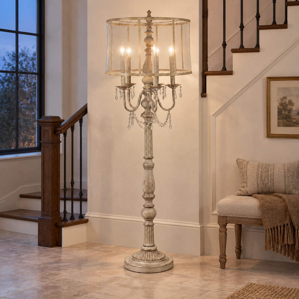 Five-light carved wood floor lamp on a stair landing