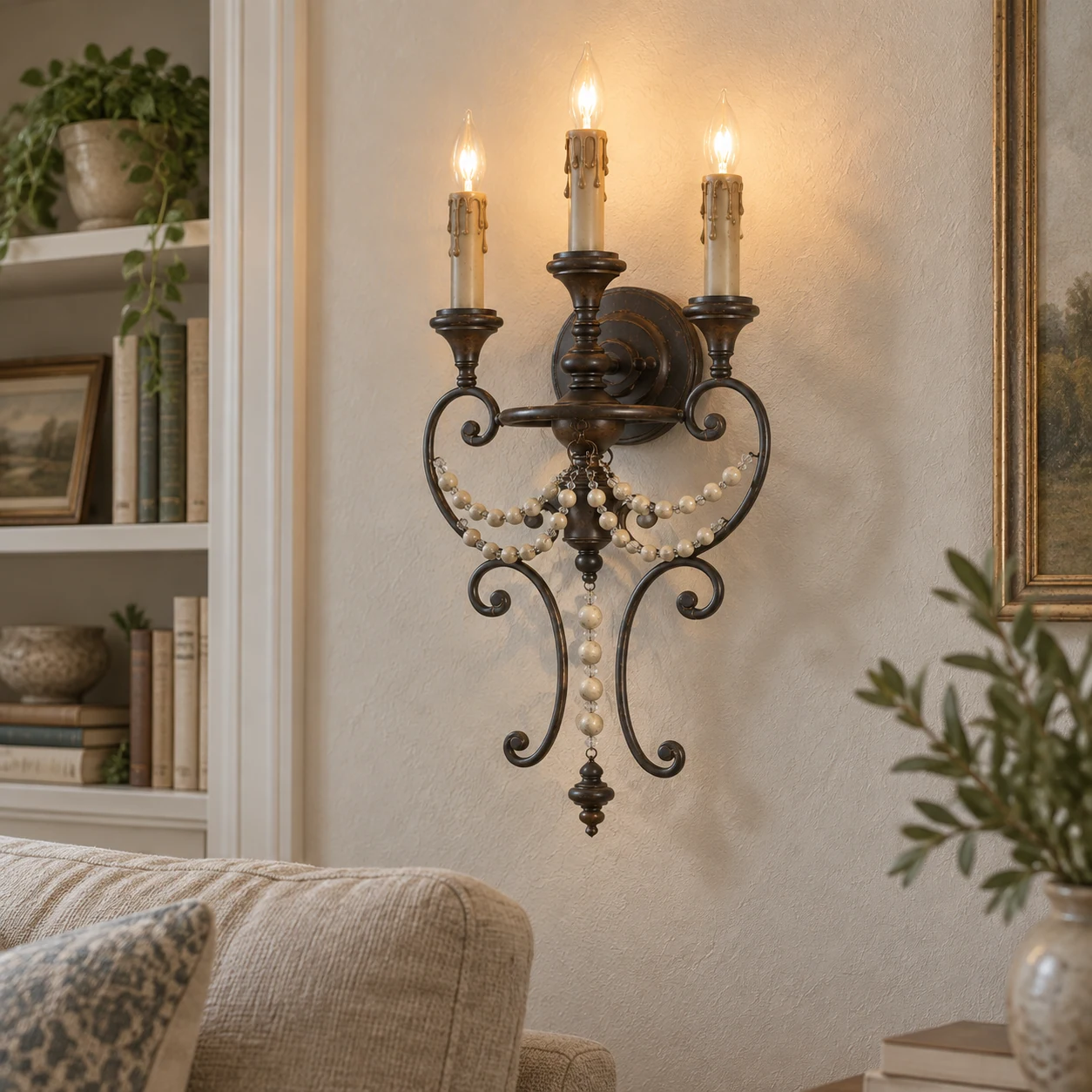 Antique three-light beaded wall sconce, residential installation scene