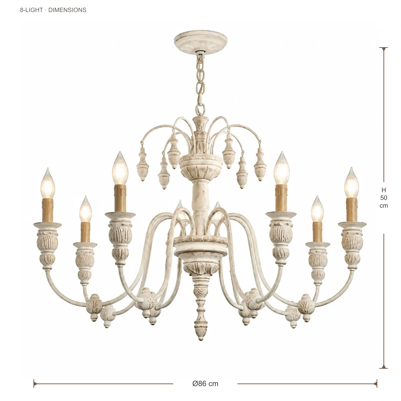 Maribel Rustic Carved Wood-Look Chandelier — 8-Light dimensions