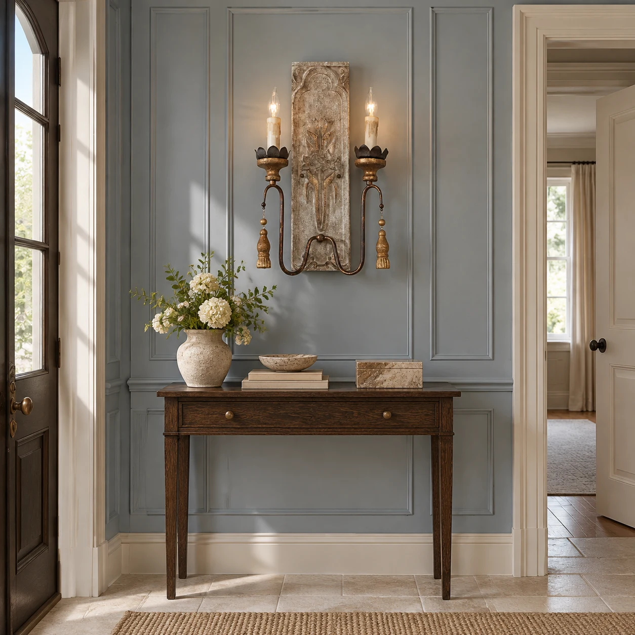 Camille French country carved-wood wall sconce in a traditional entry console