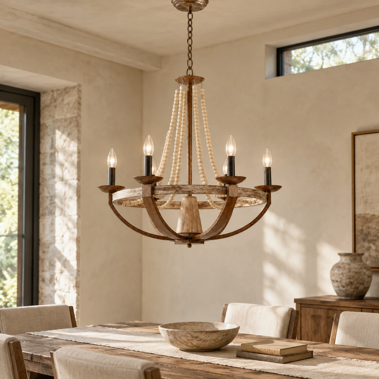 Antique Wood Six-Head Chandelier scene image