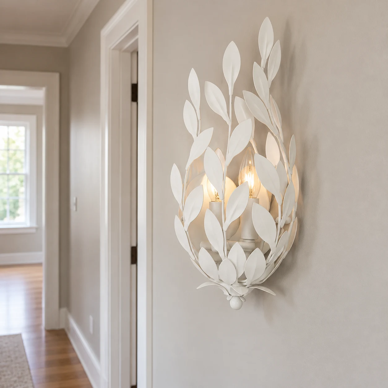 Elise white leaf wall sconce in an ordinary American hallway