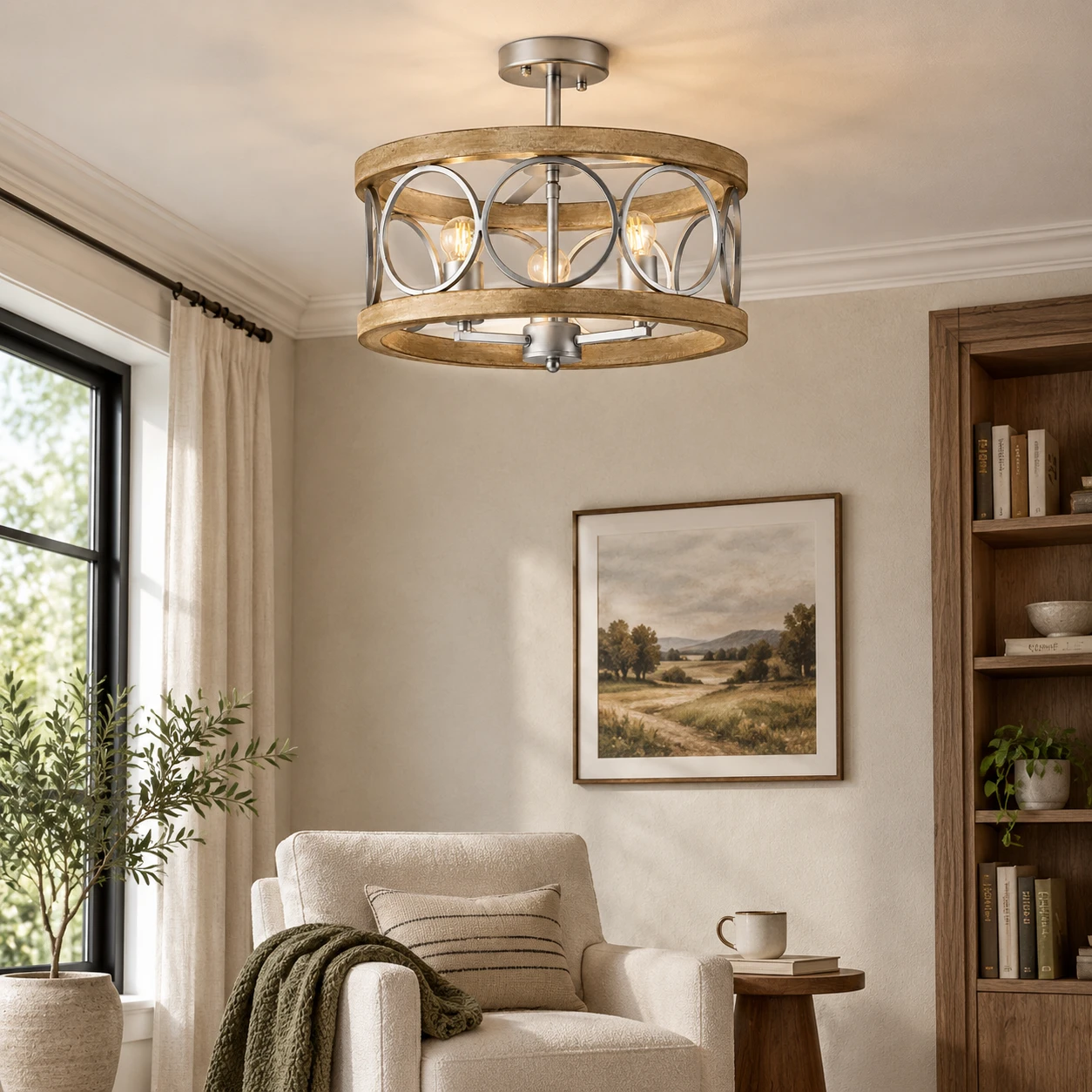 American Rustic Wood Lantern Ceiling Light in a reading corner with a textured wall and quiet natural daylight