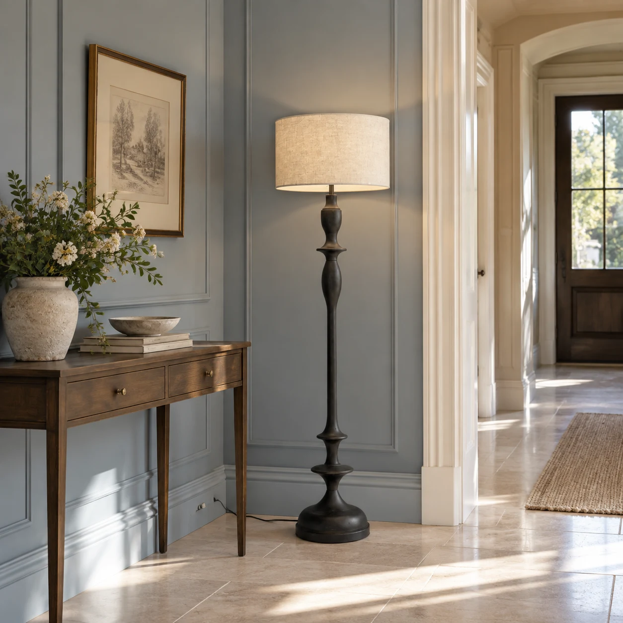 Camille French country turned-wood floor lamp in an entry hall