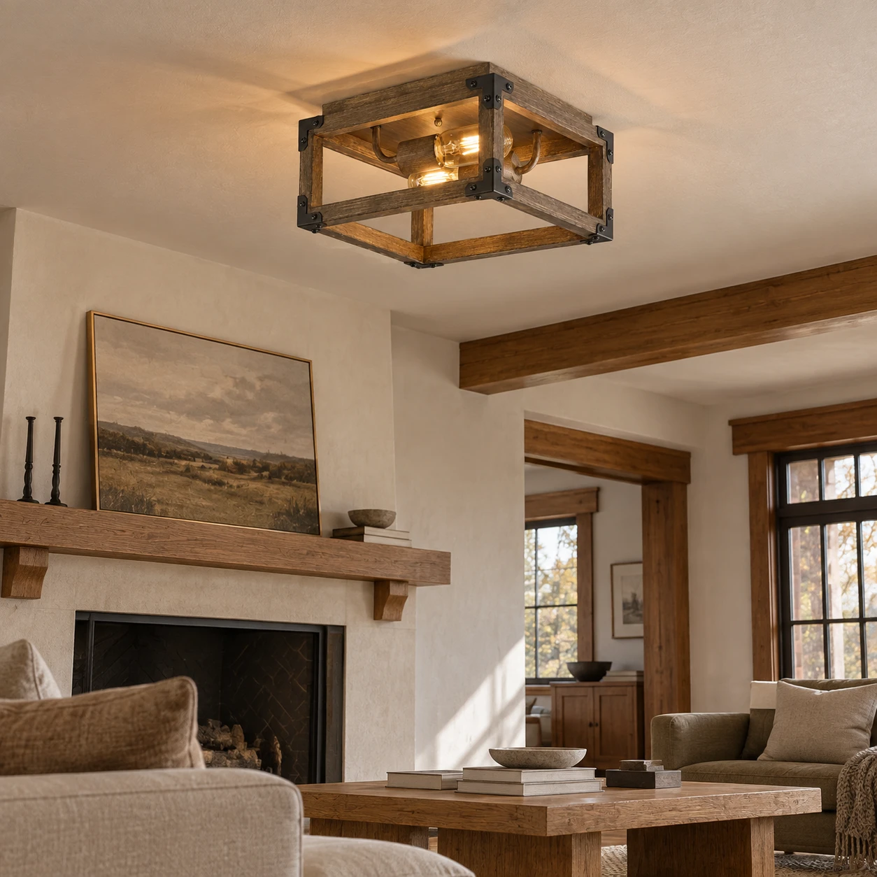 Rustic A caged wood ceiling light in a farmhouse living room
