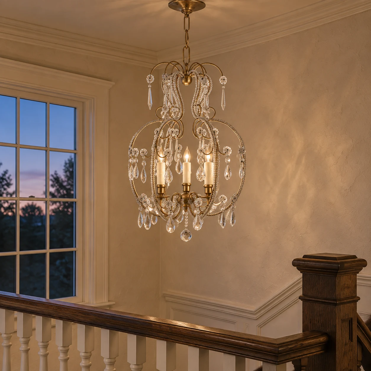 Large rust-brown crystal chandelier on a stair landing at dusk