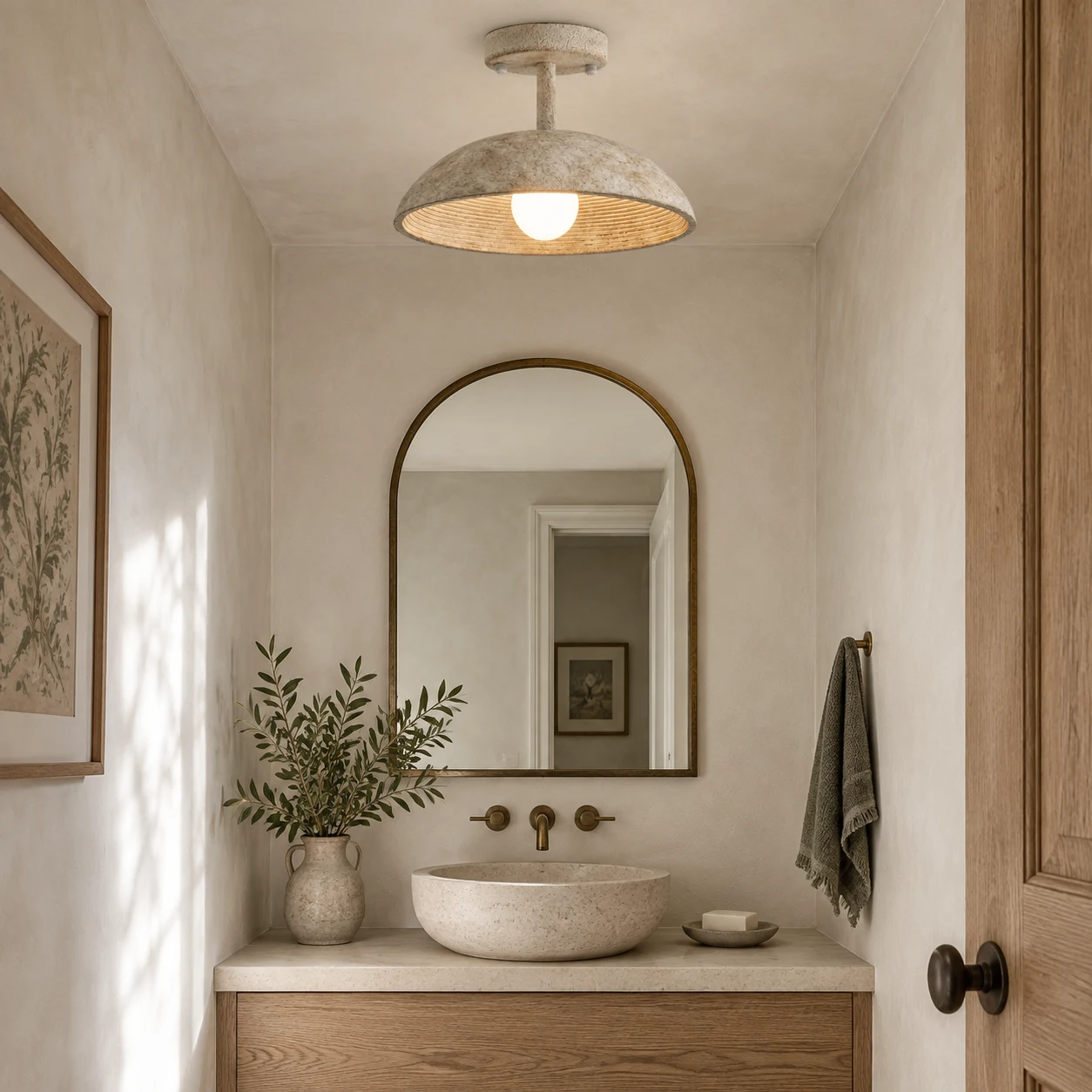 Clara vintage textured resin flush mount ceiling light in a powder room
