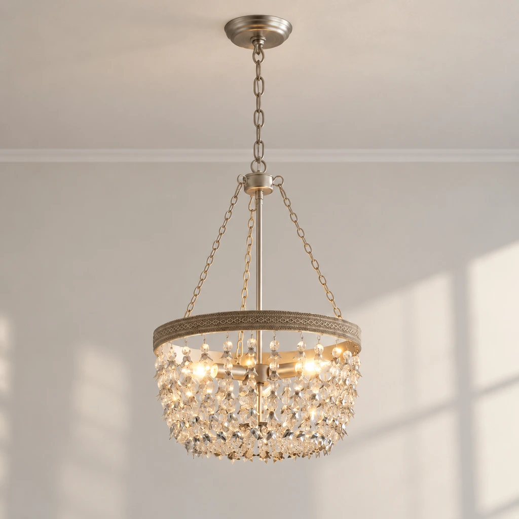 Silver crystal branch chandelier against a neutral architectural wall