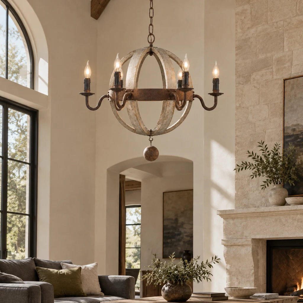 Elowen six-light orb chandelier in a bright stone great room