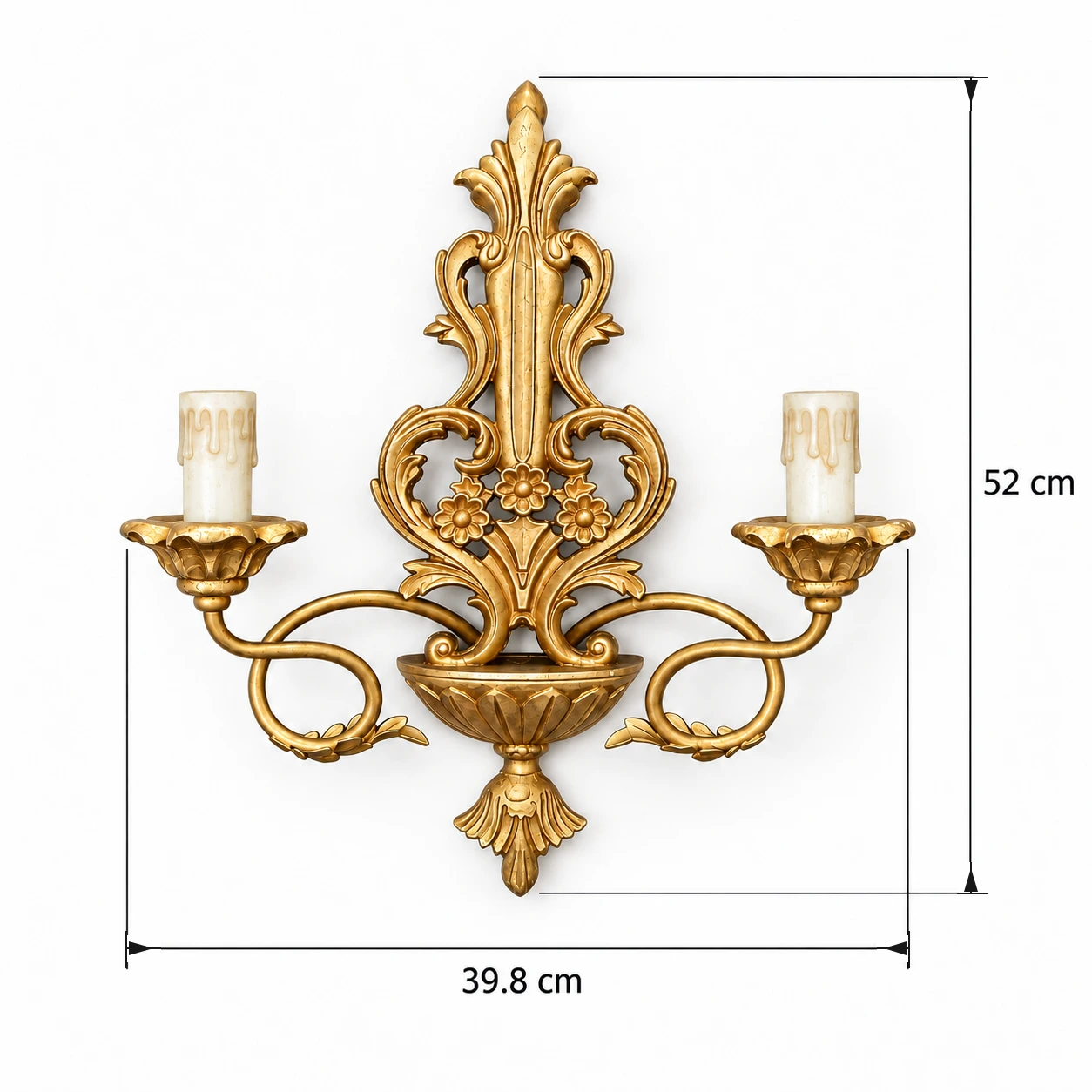 Vintage Gold wall sconce dimensions: 52 cm high and 39.8 cm seller-listed diameter
