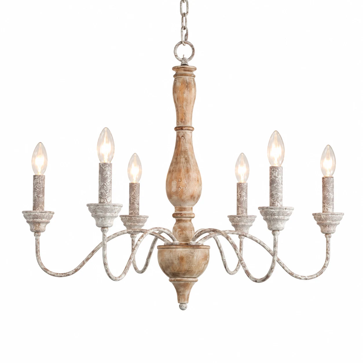 B · 6 Lights · Natural Wood · Open Candle wood chandelier on a white background