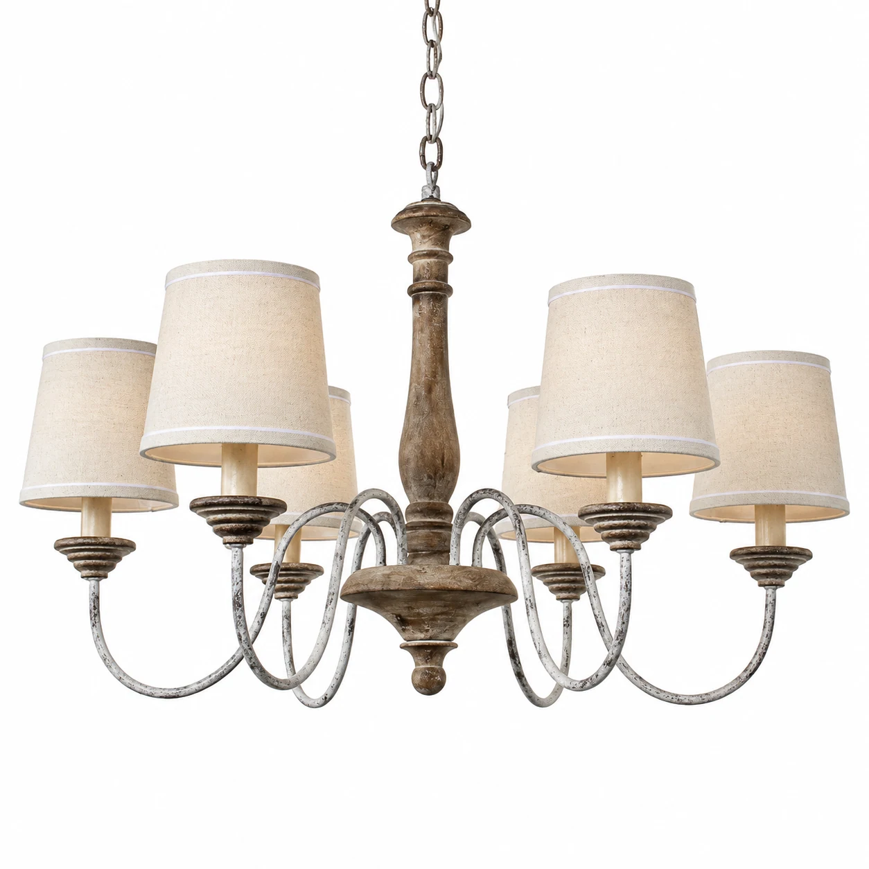 A · 6 Lights · Natural Wood · Linen Shades wood chandelier on a white background