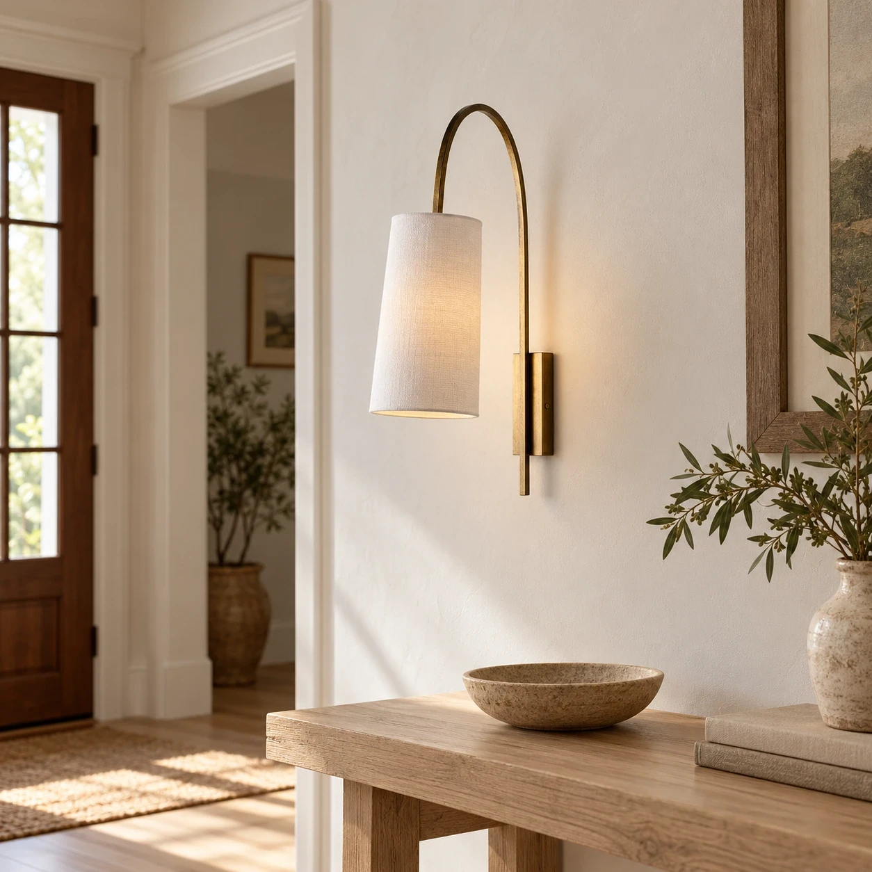 Antique Gold fabric wall sconce in a rustic entry