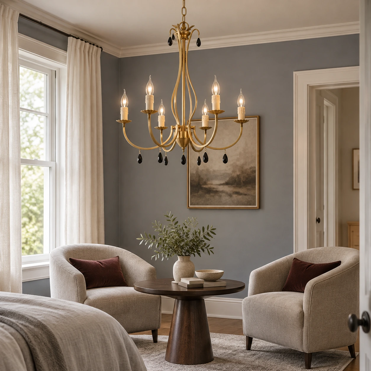 Celeste vintage gold chandelier in a dove-gray bedroom sitting area