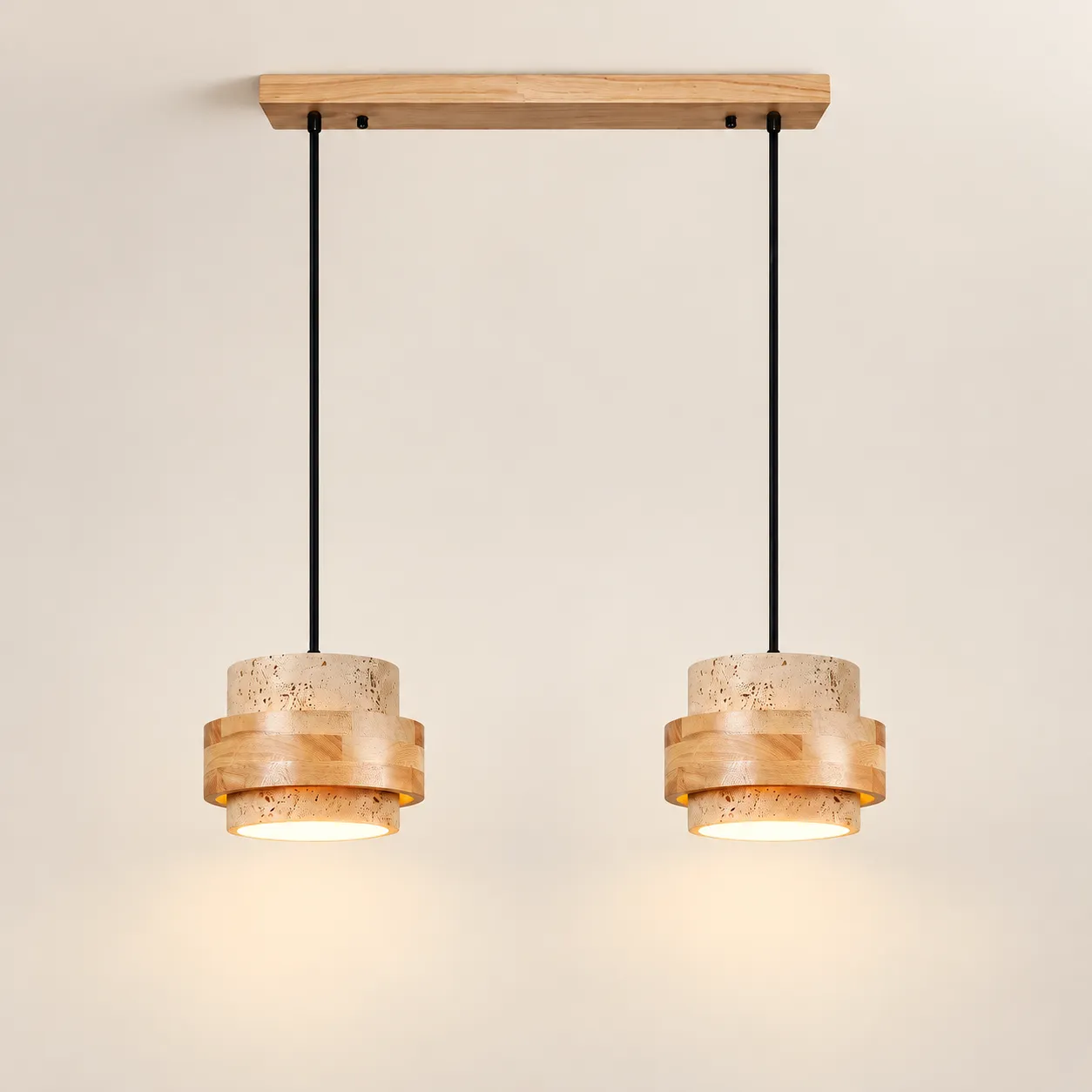 Luminária pendente cilíndrica de travertino de madeira natural com 2 cabeças