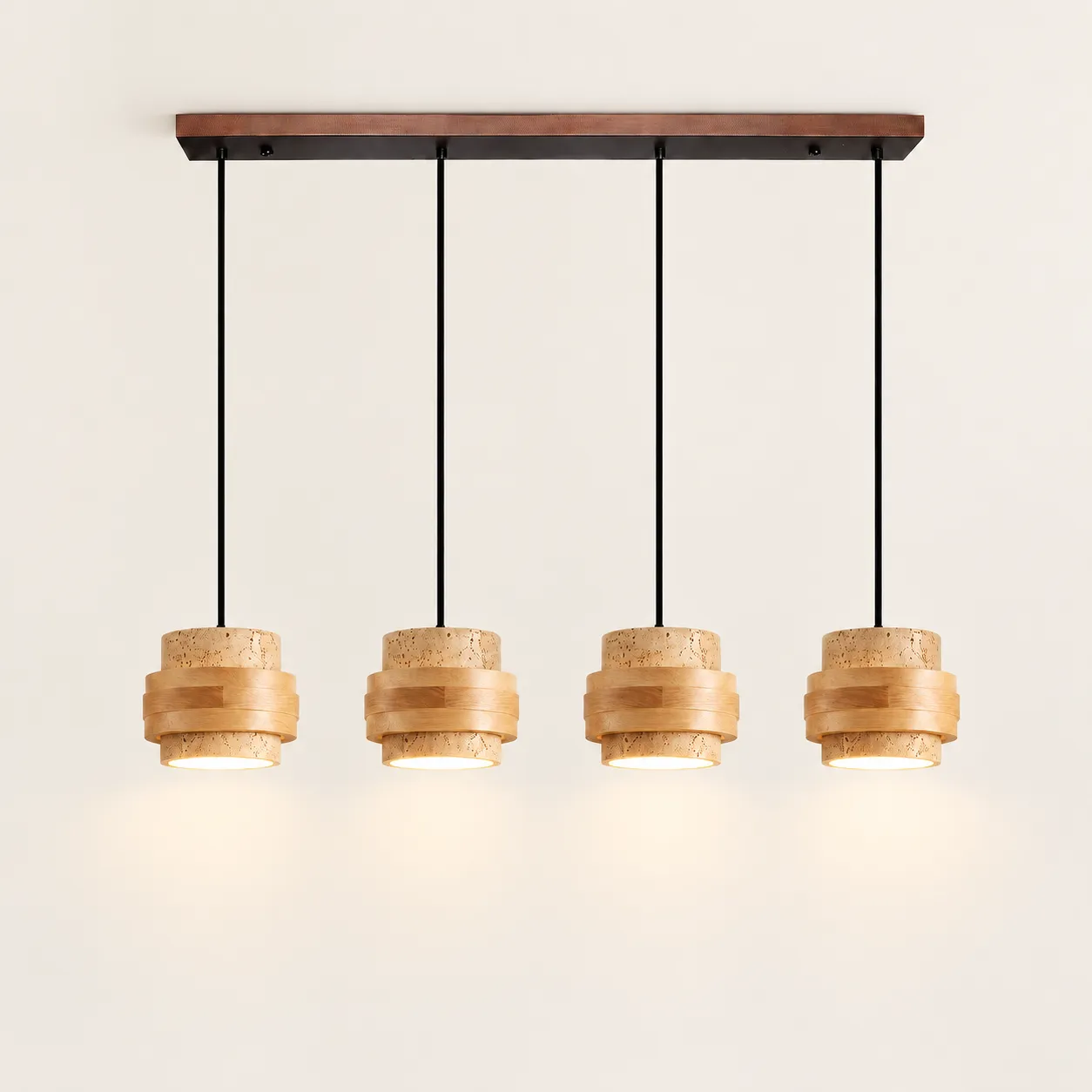 Luminária pendente cilíndrica de travertino de madeira natural de 4 cabeças