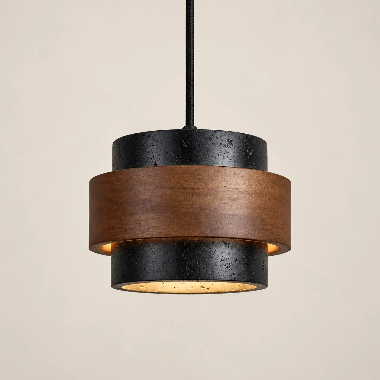 Luminária pendente cilíndrica de travertino preto com 1 cabeça