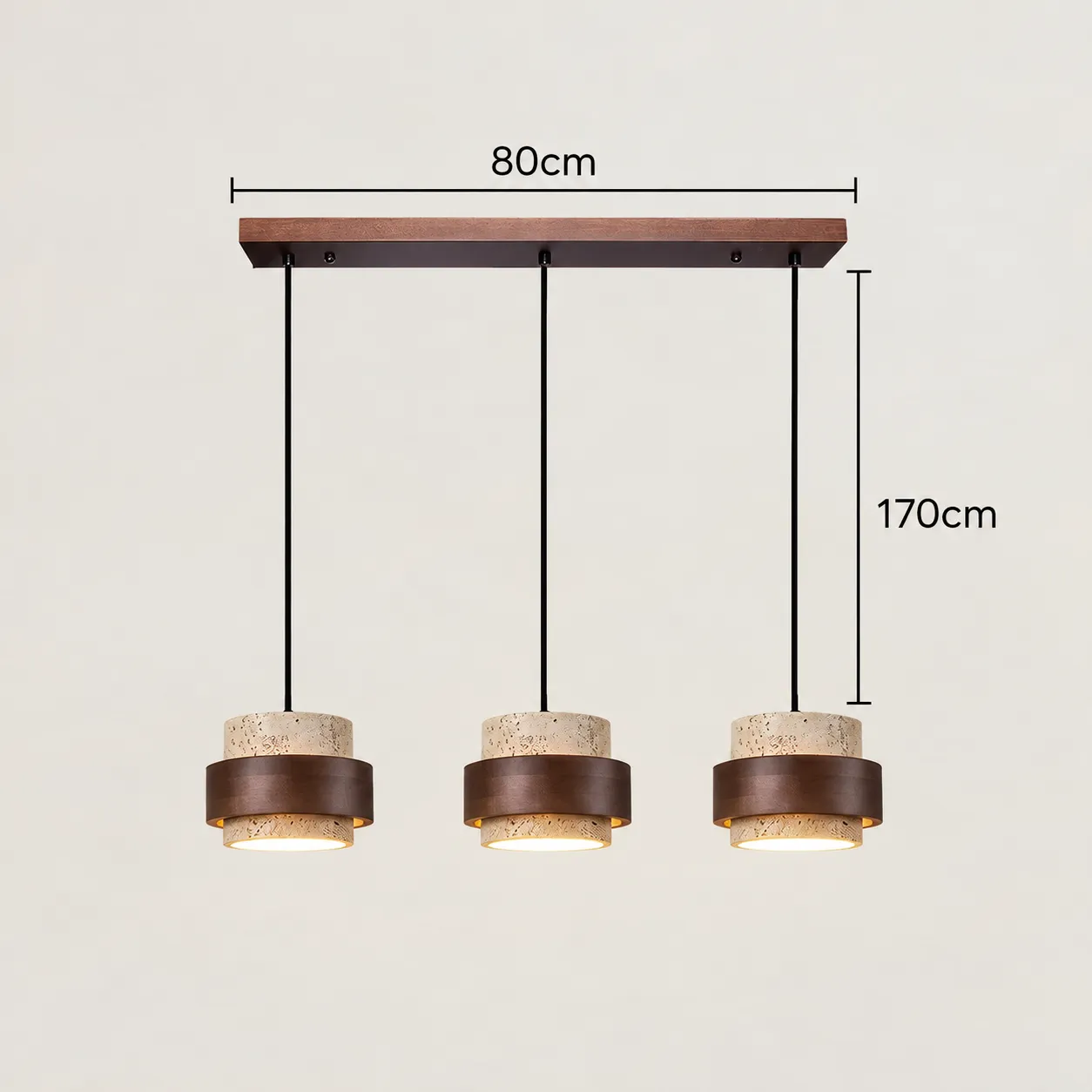 Diagrama das dimensões do pendente de três cabeças, 80 cm de comprimento e 170 cm de altura