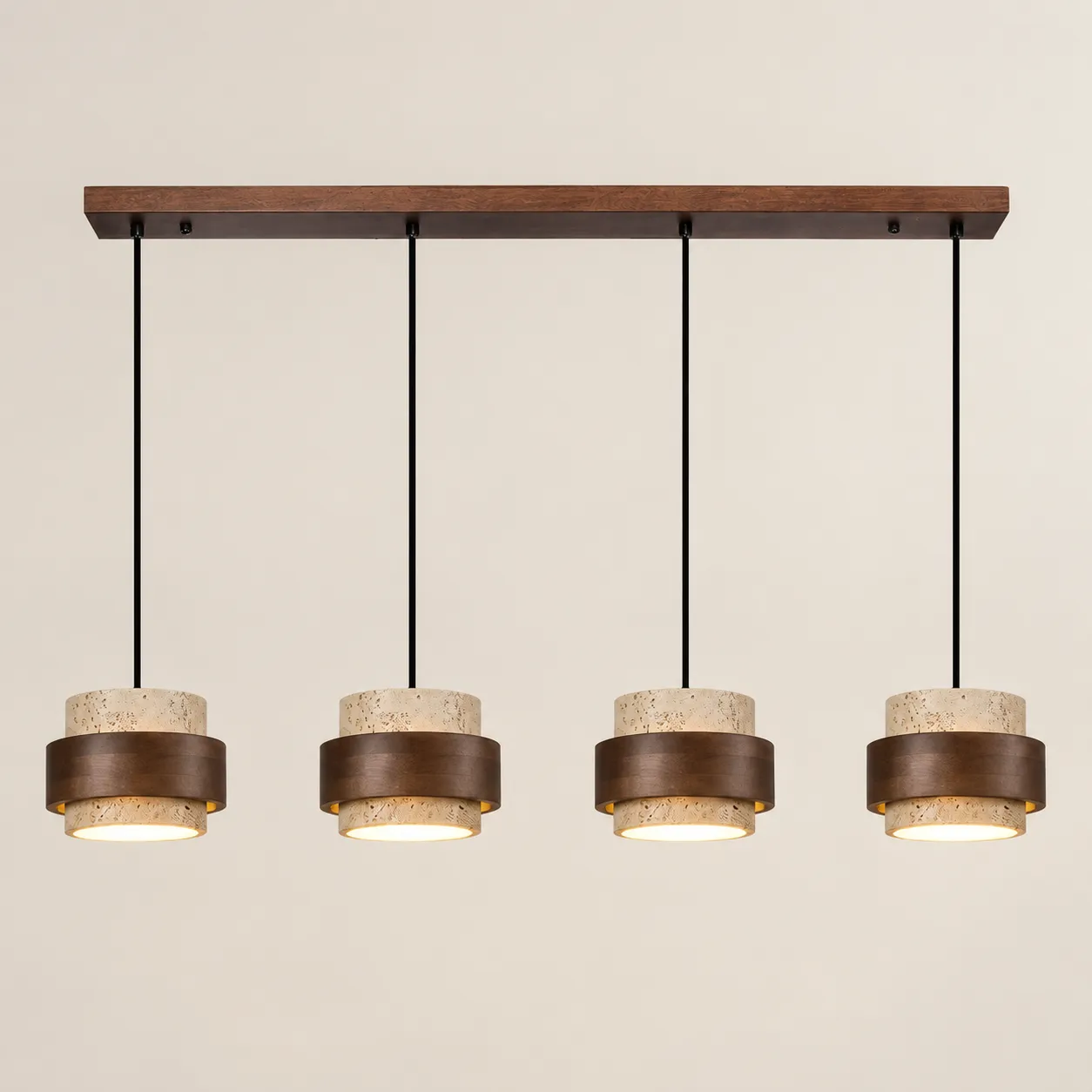 Luminária pendente cilíndrica de travertino bege 4 cabeças