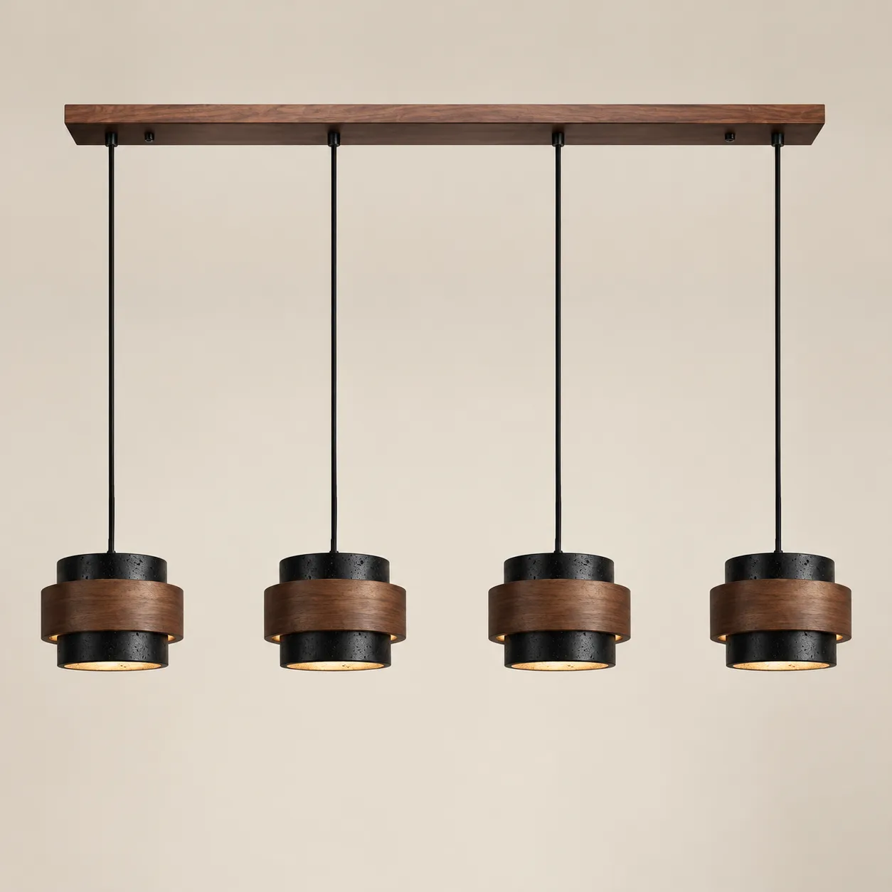 Luminária pendente cilíndrica de travertino preto 4 cabeças