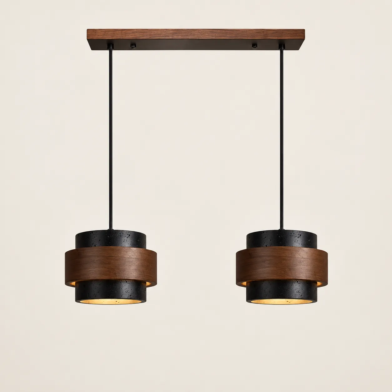 Luminária pendente cilíndrica de travertino preto 2 cabeças