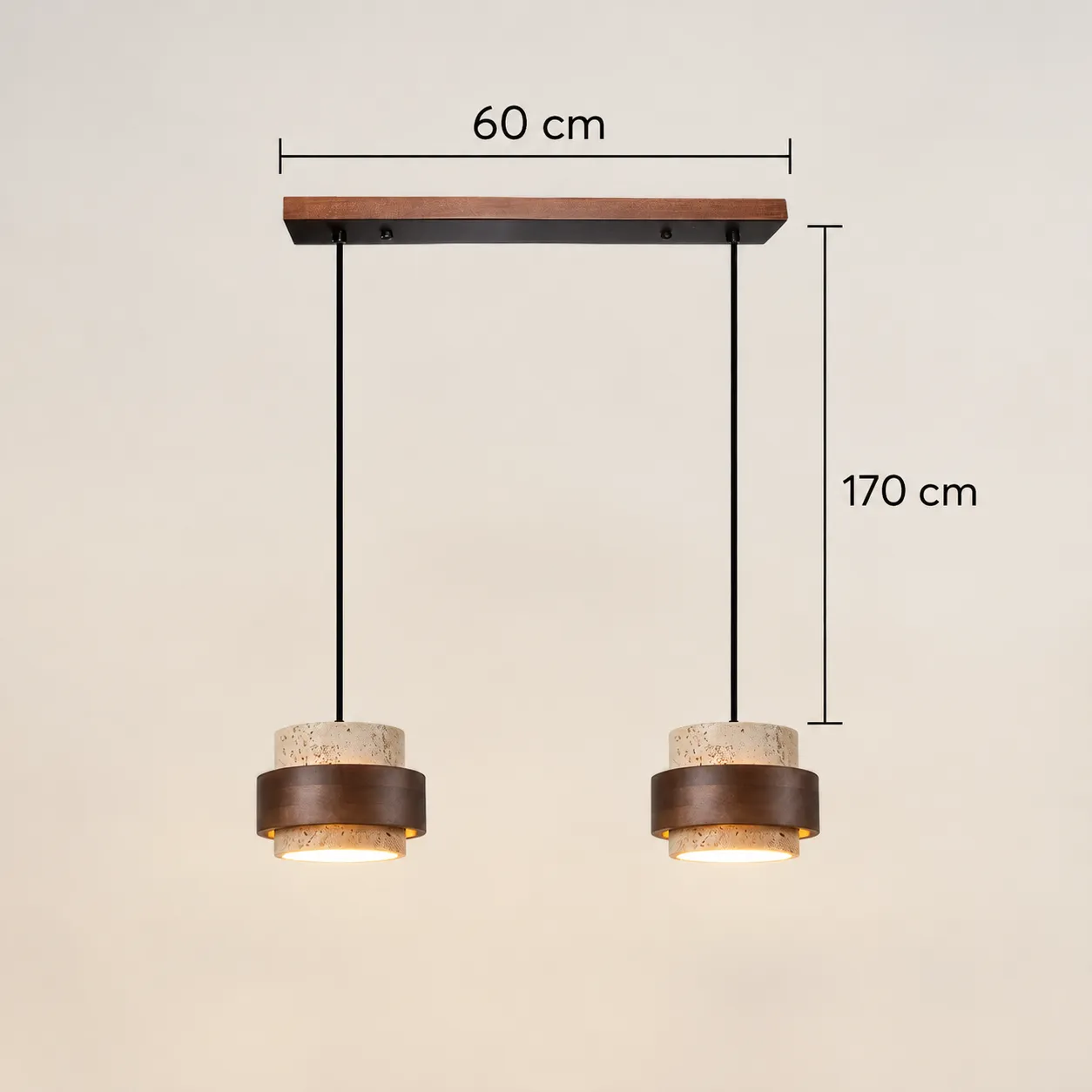 Diagrama de dimensões do pendente de duas cabeças, 60 cm de comprimento e 170 cm de altura