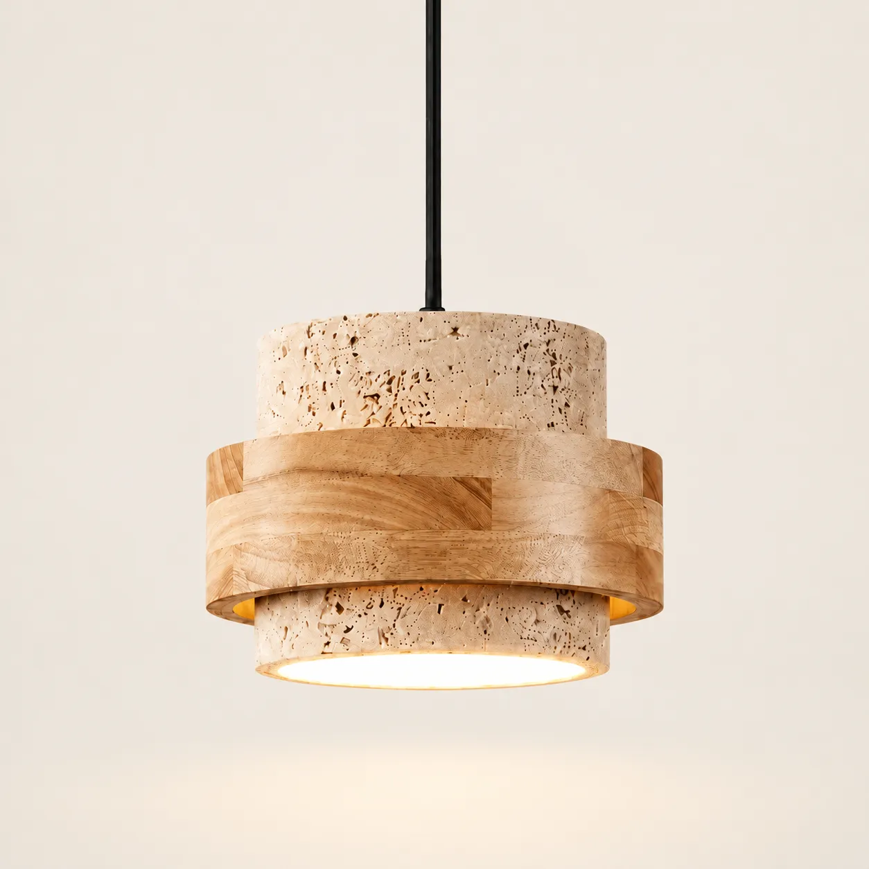 Luminária pendente cilíndrica de travertino de madeira natural com 1 cabeça