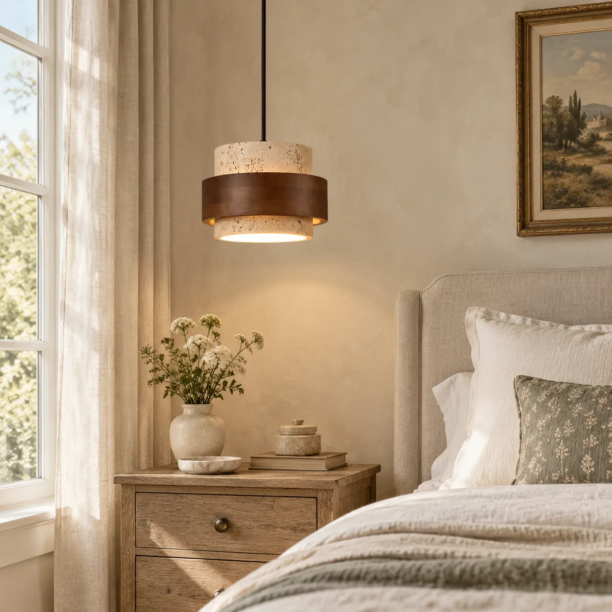 Luminária pendente moderna com cilindro de travertino em um quarto aconchegante ao lado da cama