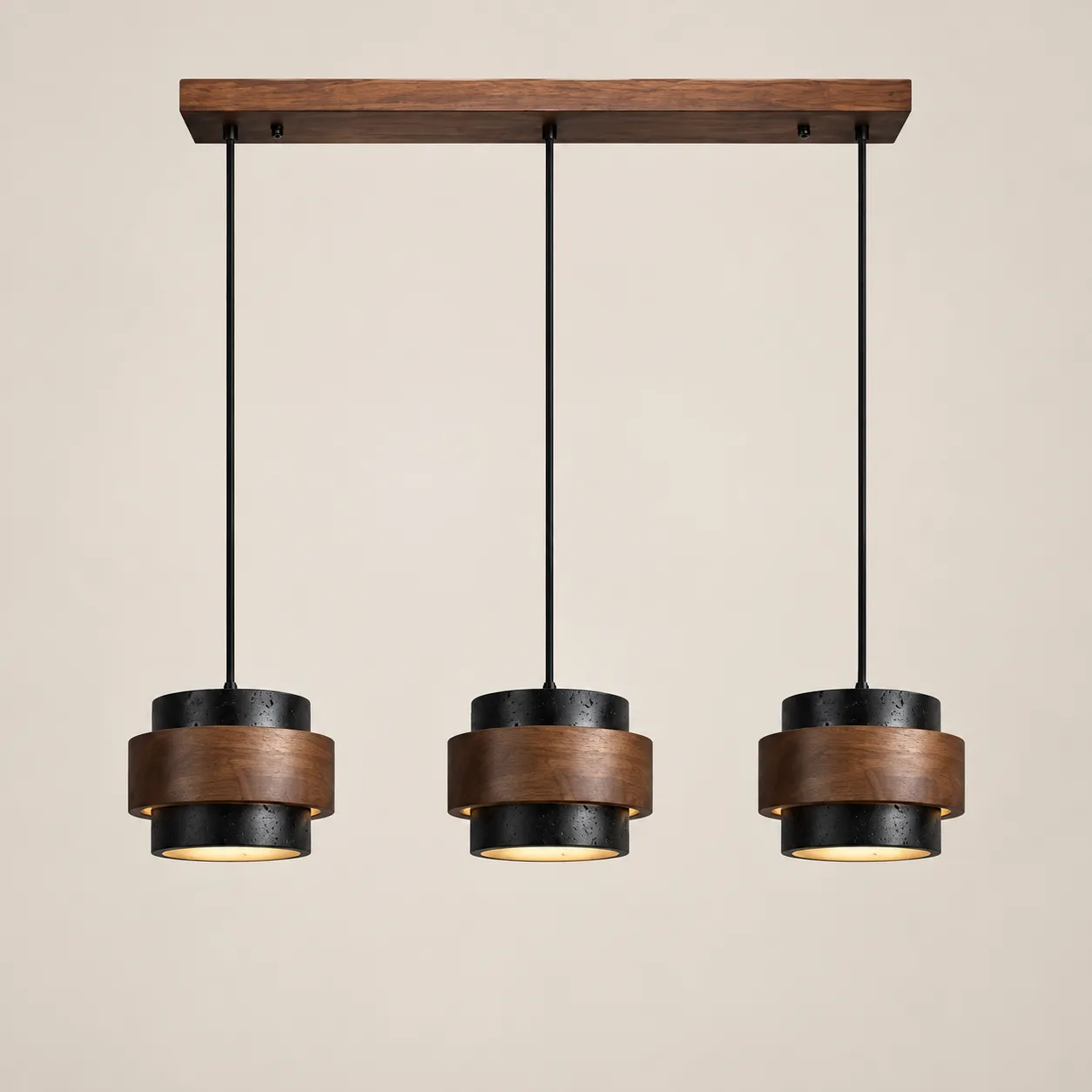 Luminária pendente cilíndrica de travertino preto 3 cabeças