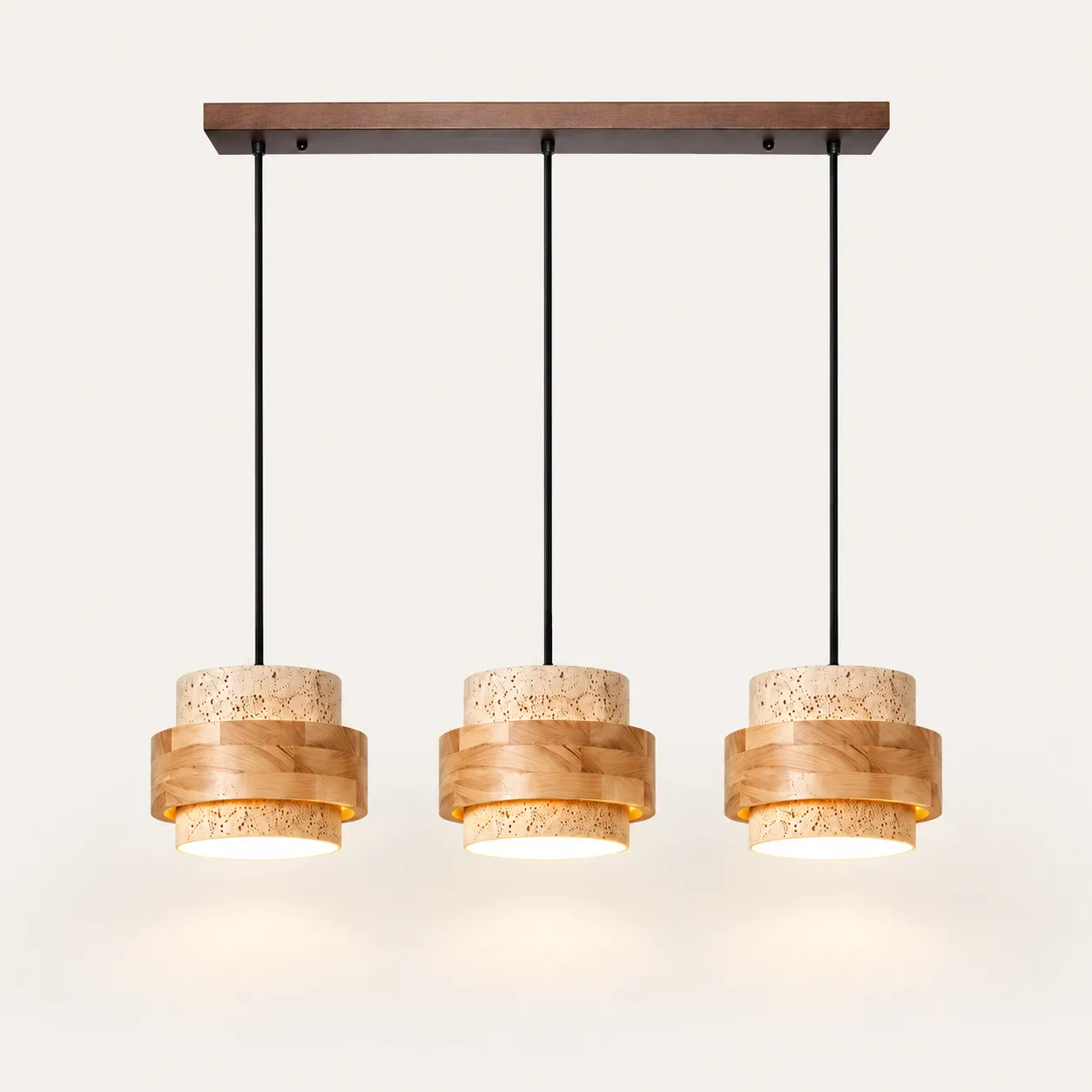 Luminária pendente cilíndrica de travertino de madeira natural com 3 cabeças