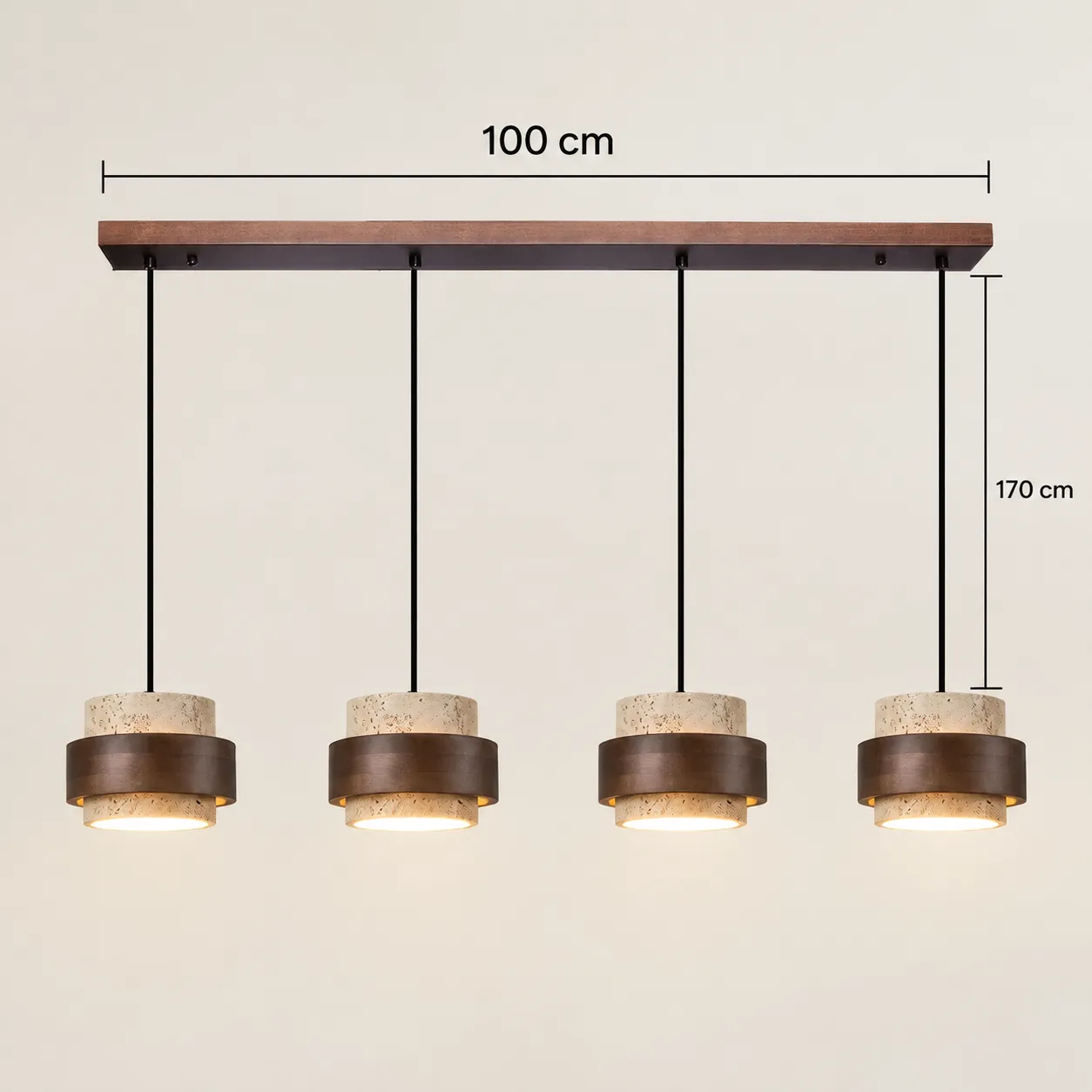 Diagrama de dimensões do pendente de quatro cabeças, 100 cm de comprimento e 170 cm de altura