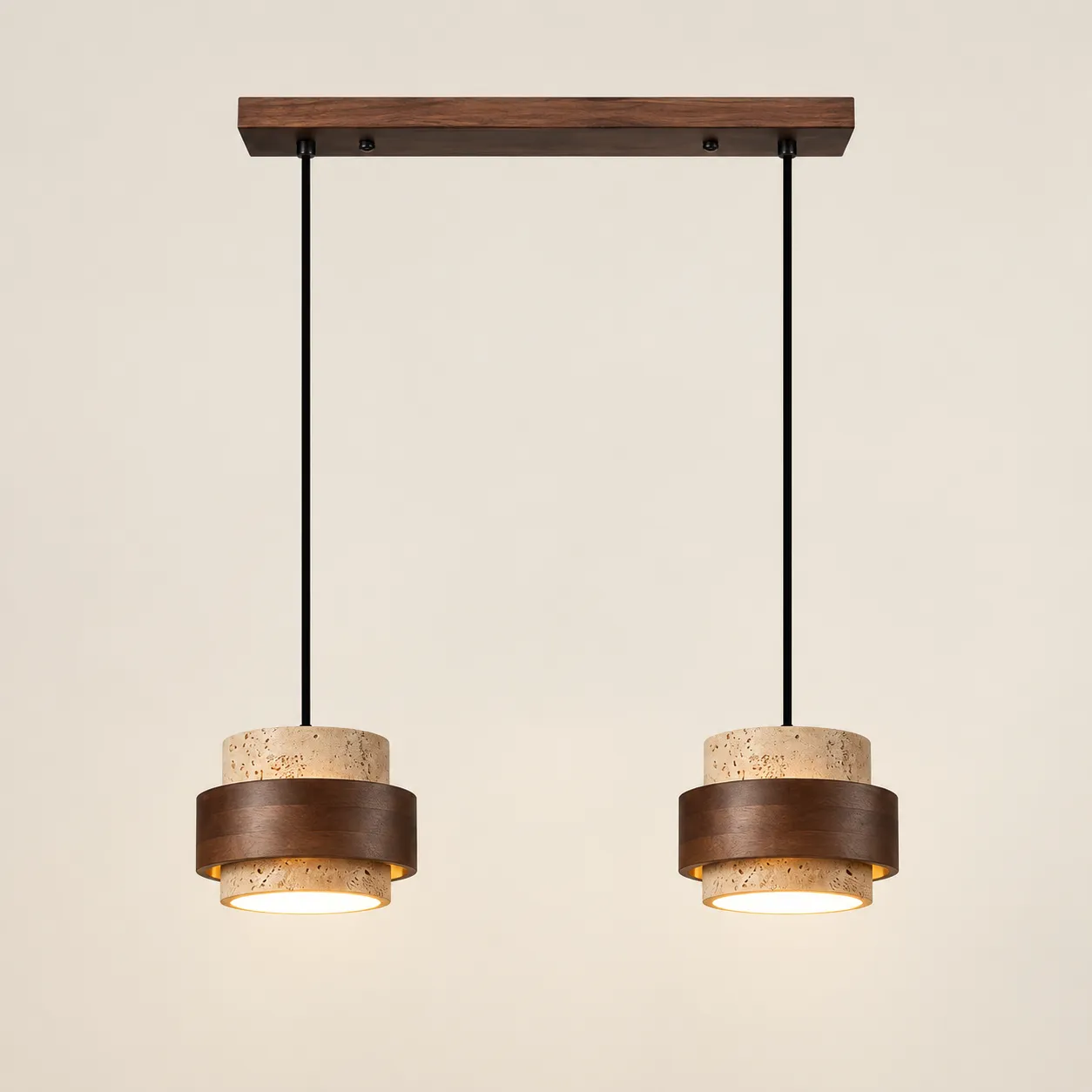 Luminária pendente cilíndrica de travertino bege 2 cabeças