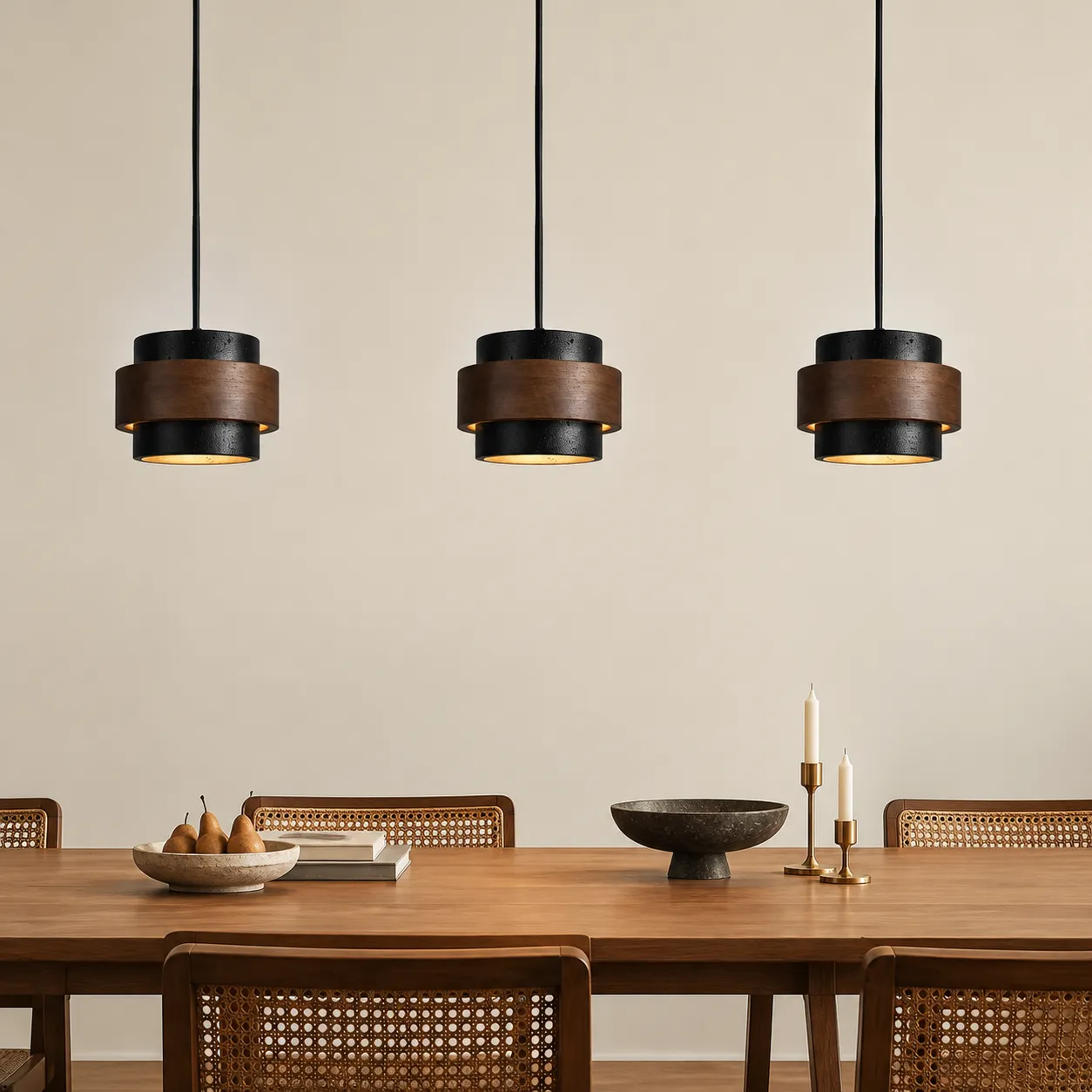 Três luminárias suspensas de travertino preto acima de uma mesa de jantar