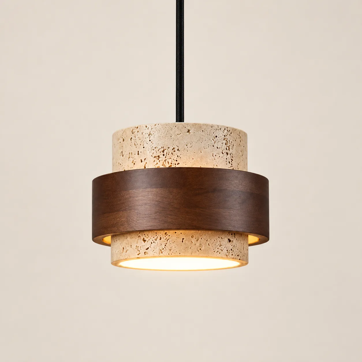 Luminária pendente cilíndrica de travertino bege com 1 cabeça