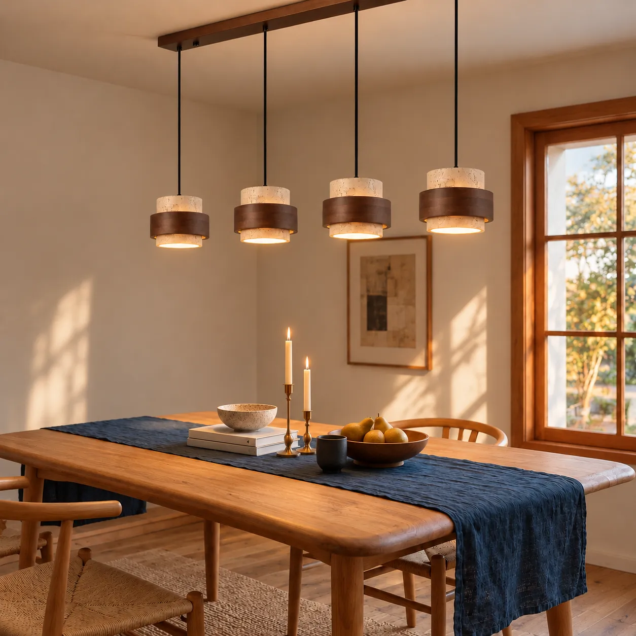Quatro luminárias pendentes de travertino bege acima de uma mesa de jantar