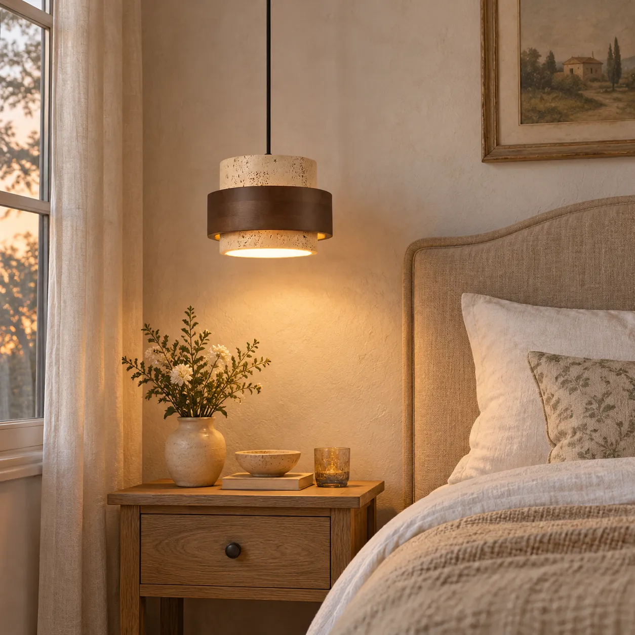 Luminária pendente única de travertino bege ao lado da cama