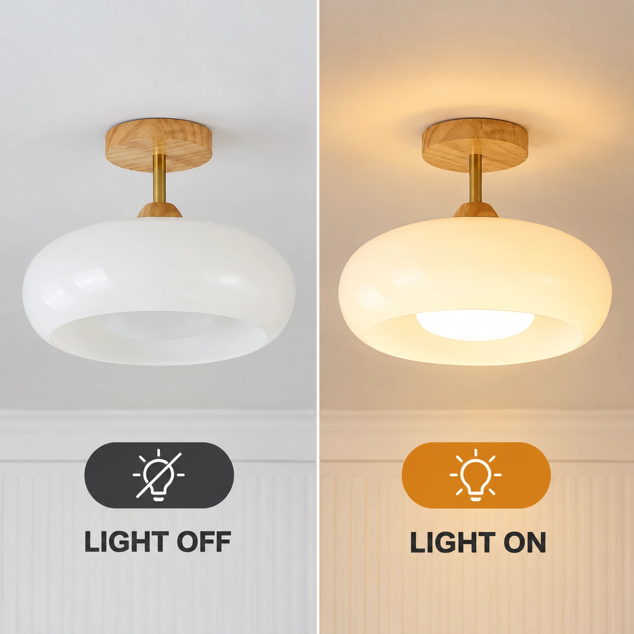 화이트 lamp comparison: light off on the left and light on on the right