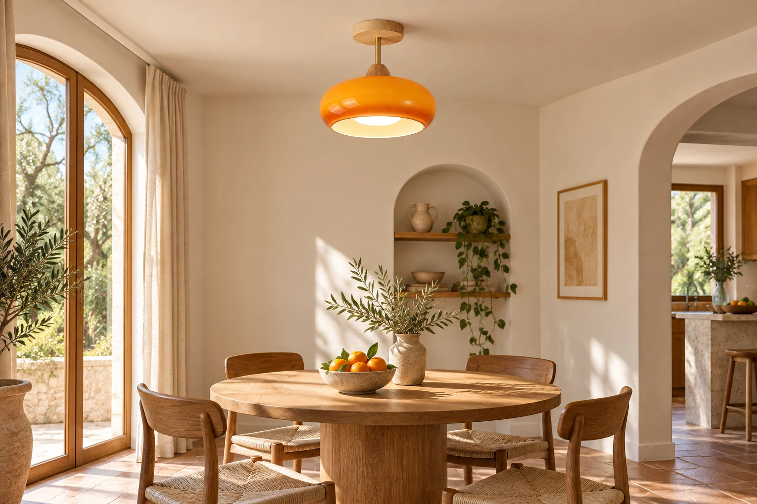 오렌지 ceiling lamp above a round wooden dining table in a sunlit room