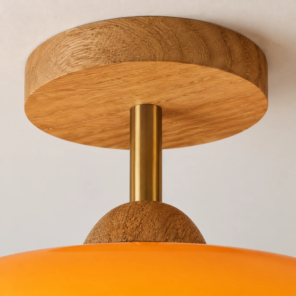 Close-up of the wood canopy, brass stem and wooden collar