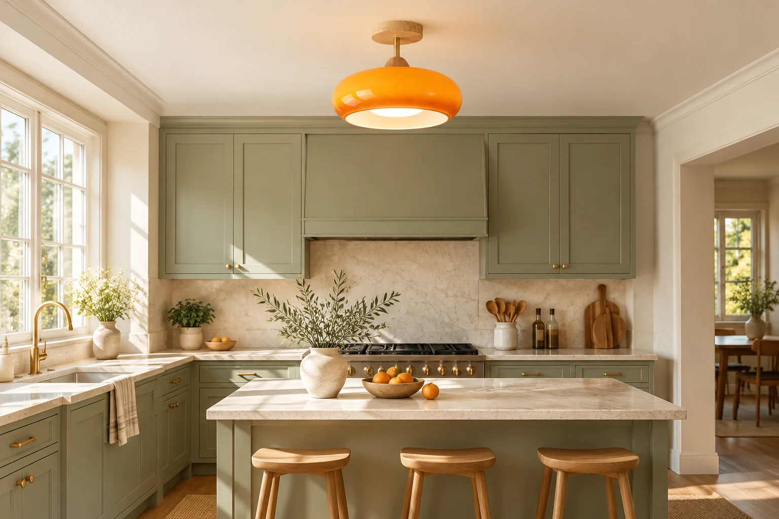 오렌지 ceiling lamp in a kitchen with sage cabinets and a light stone island